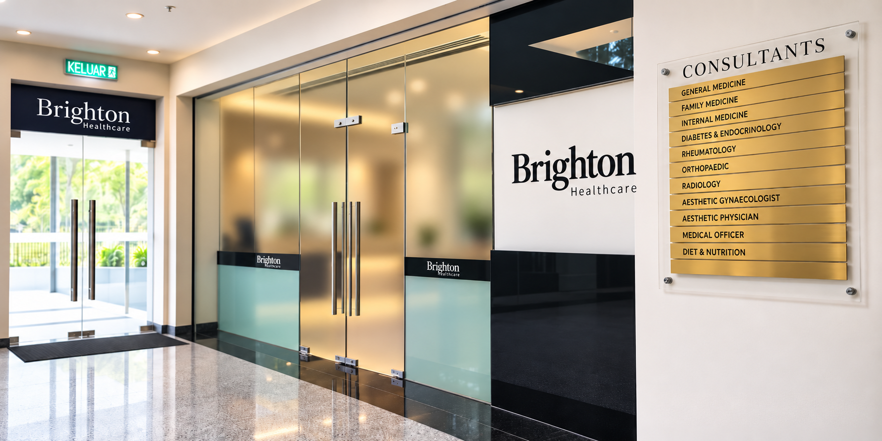 Brighton Healthcare clinic entrance with glass doors and the Brighton sign