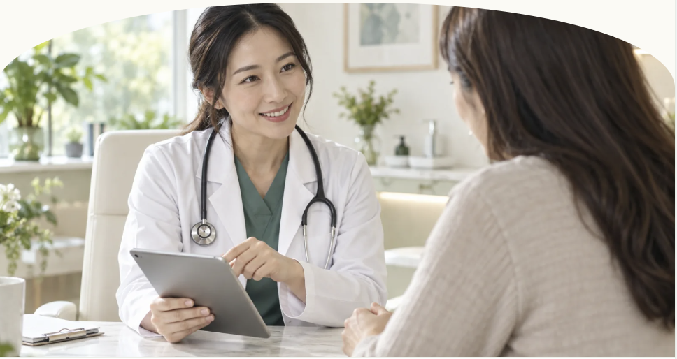 Doctor discussing care with a patient during a general practice consultation